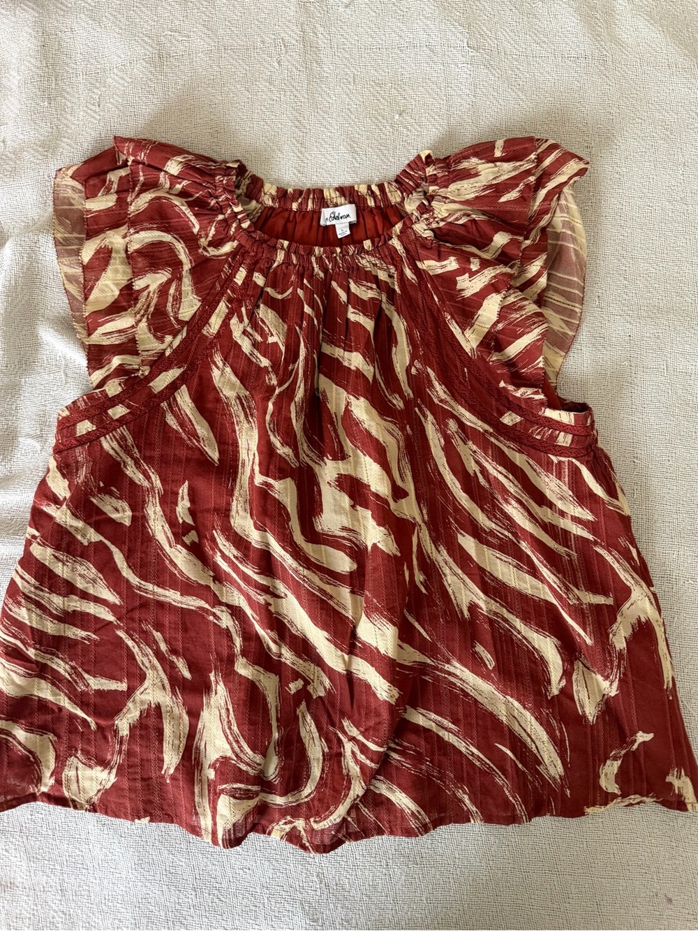 Sam Edelman Rust and Cream Abstract Flutter Sleeve Blouse